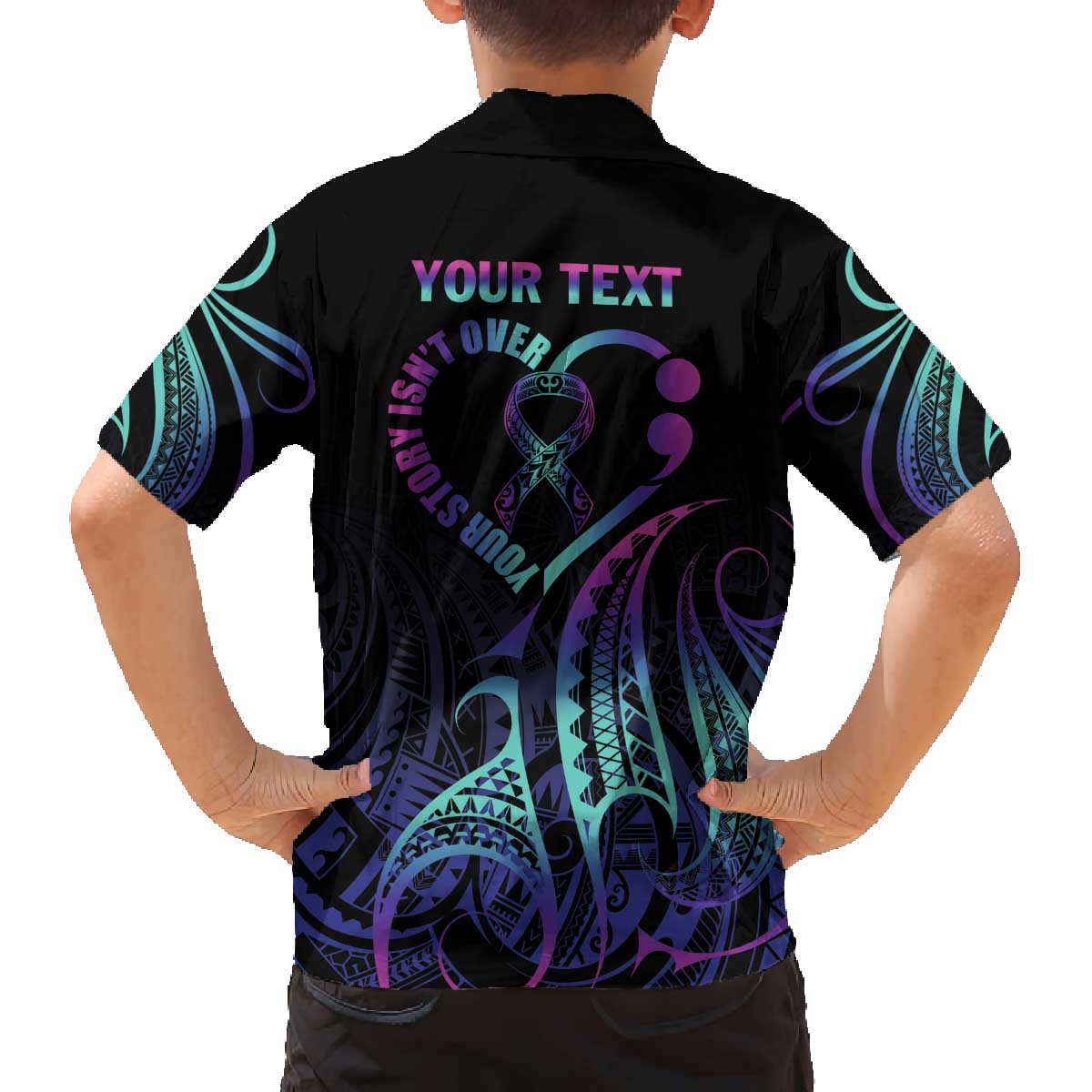 Personalised Your Story Isn't Over Family Matching Off Shoulder Short Dress and Hawaiian Shirt Suicide Prevention Awareness Semicolon Heart LT9 - Polynesian Pride