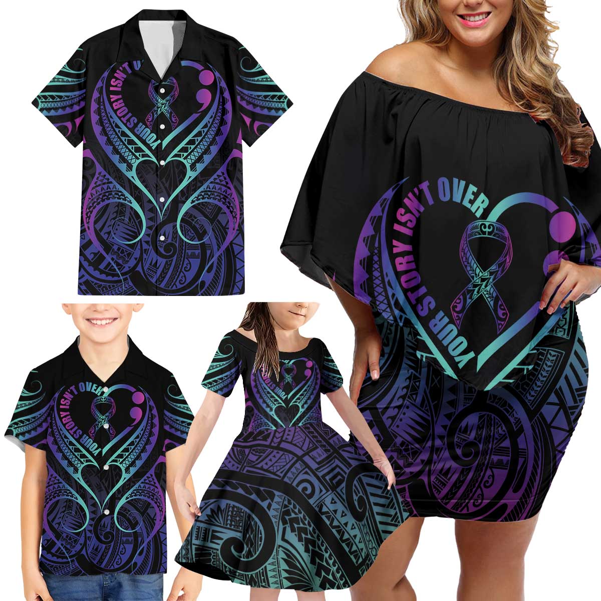 Personalised Your Story Isn't Over Family Matching Off Shoulder Short Dress and Hawaiian Shirt Suicide Prevention Awareness Semicolon Heart LT9 - Polynesian Pride