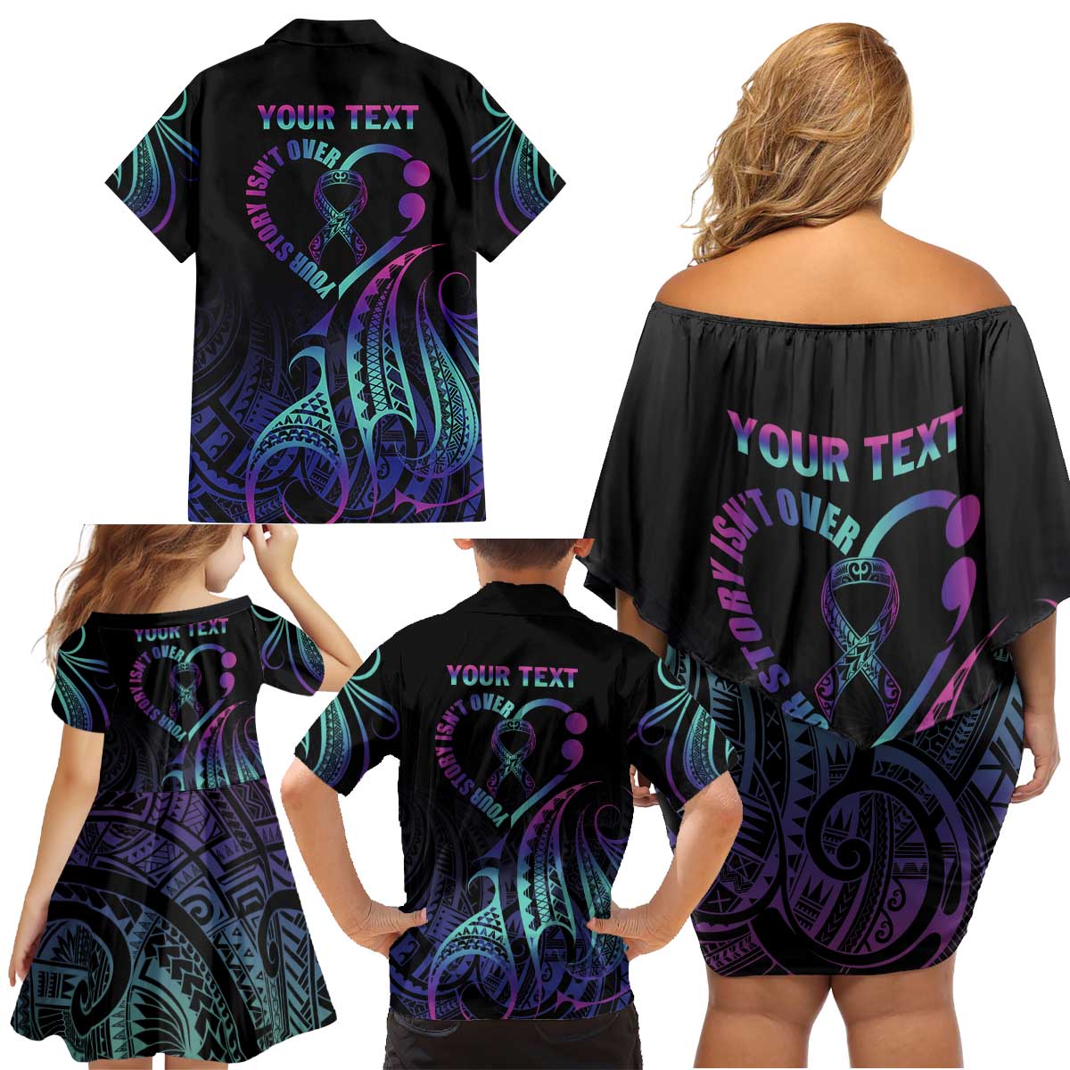 Personalised Your Story Isn't Over Family Matching Off Shoulder Short Dress and Hawaiian Shirt Suicide Prevention Awareness Semicolon Heart LT9 - Polynesian Pride