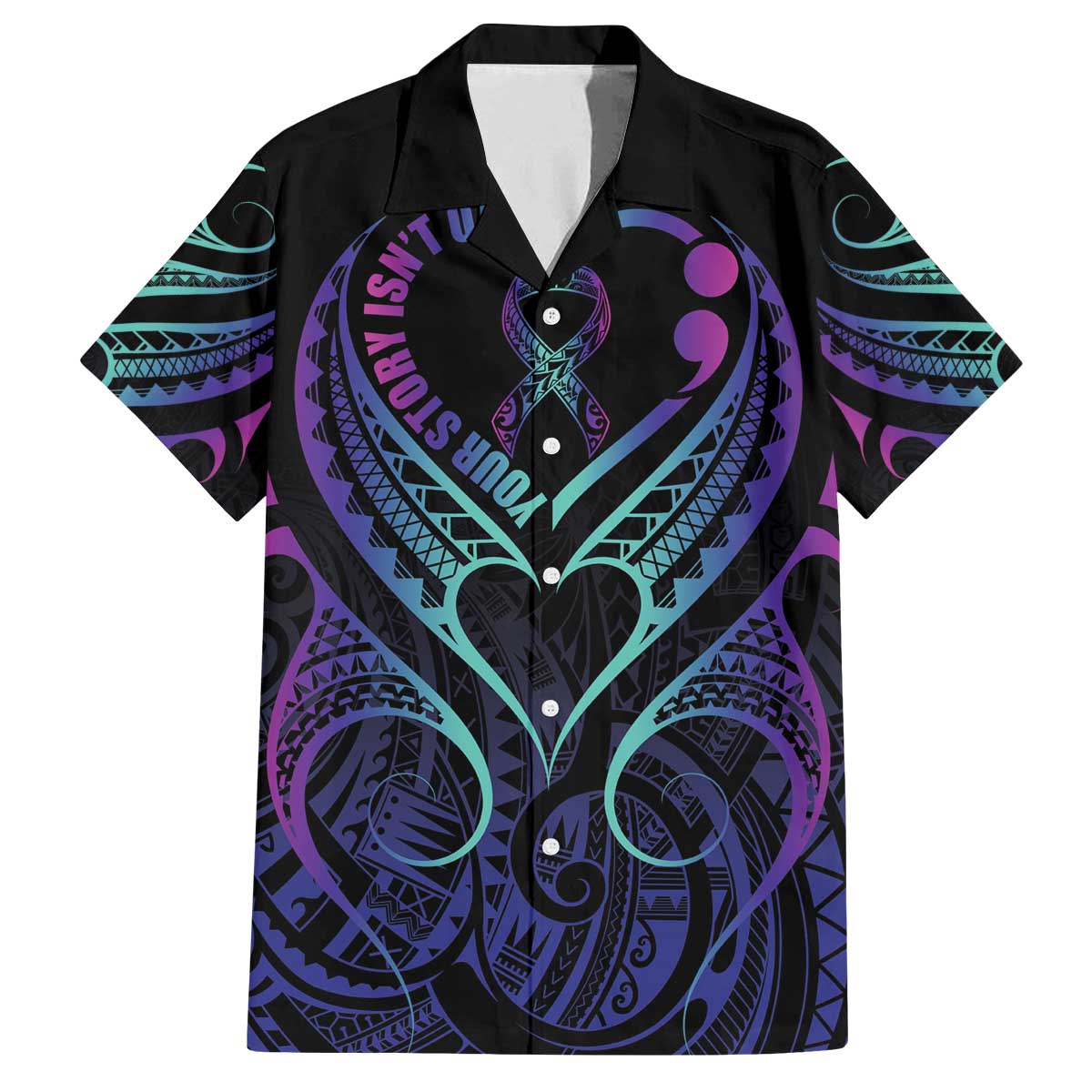 Personalised Your Story Isn't Over Family Matching Puletasi and Hawaiian Shirt Suicide Prevention Awareness Semicolon Heart LT9 Dad's Shirt - Short Sleeve Black - Polynesian Pride