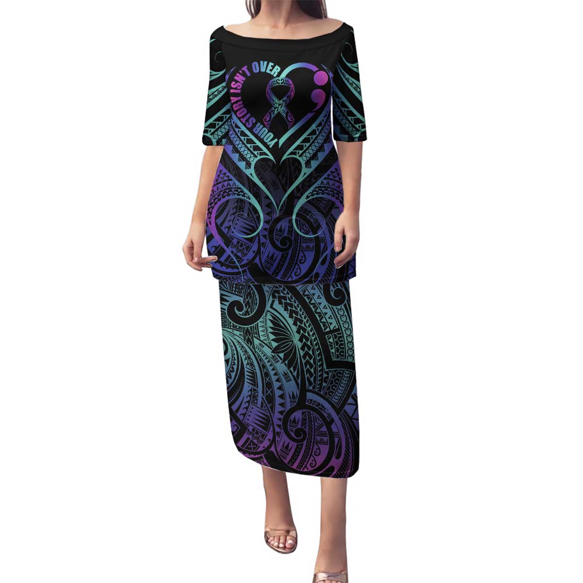 Personalised Your Story Isn't Over Family Matching Puletasi and Hawaiian Shirt Suicide Prevention Awareness Semicolon Heart LT9 Mom's Dress Black - Polynesian Pride
