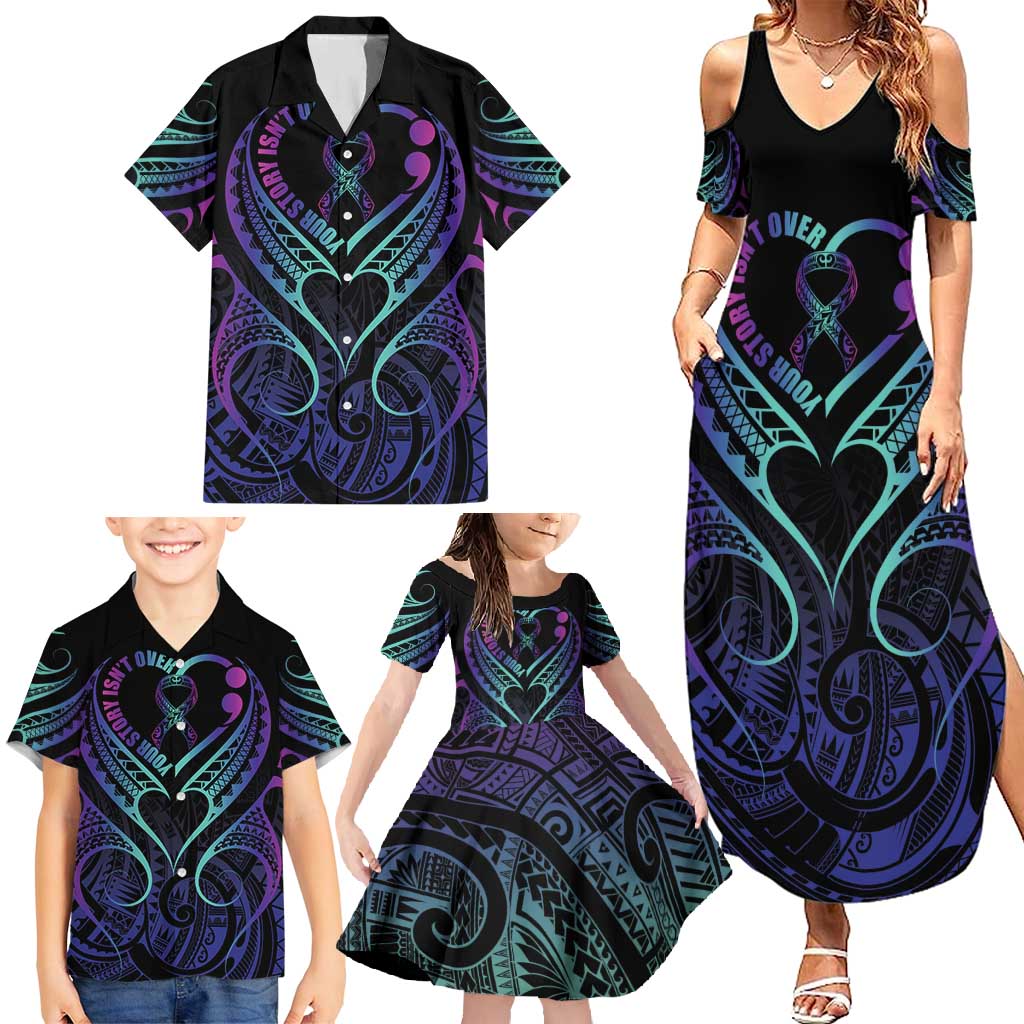 Personalised Your Story Isn't Over Family Matching Summer Maxi Dress and Hawaiian Shirt Suicide Prevention Awareness Semicolon Heart LT9 - Polynesian Pride