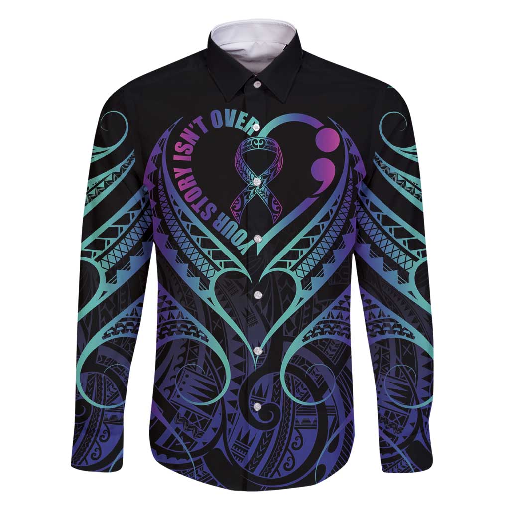 Personalised Your Story Isn't Over Family Matching Summer Maxi Dress and Hawaiian Shirt Suicide Prevention Awareness Semicolon Heart LT9 Dad's Shirt - Long Sleeve Black - Polynesian Pride
