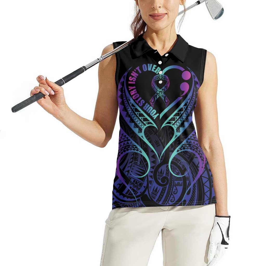 Personalised Your Story Isn't Over Women Sleeveless Polo Shirt Suicide Prevention Awareness Semicolon Heart