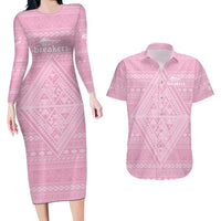 Custom New Zealand Basketball Indigenous Couples Matching Long Sleeve Bodycon Dress and Hawaiian Shirt LT9 Pink - Polynesian Pride