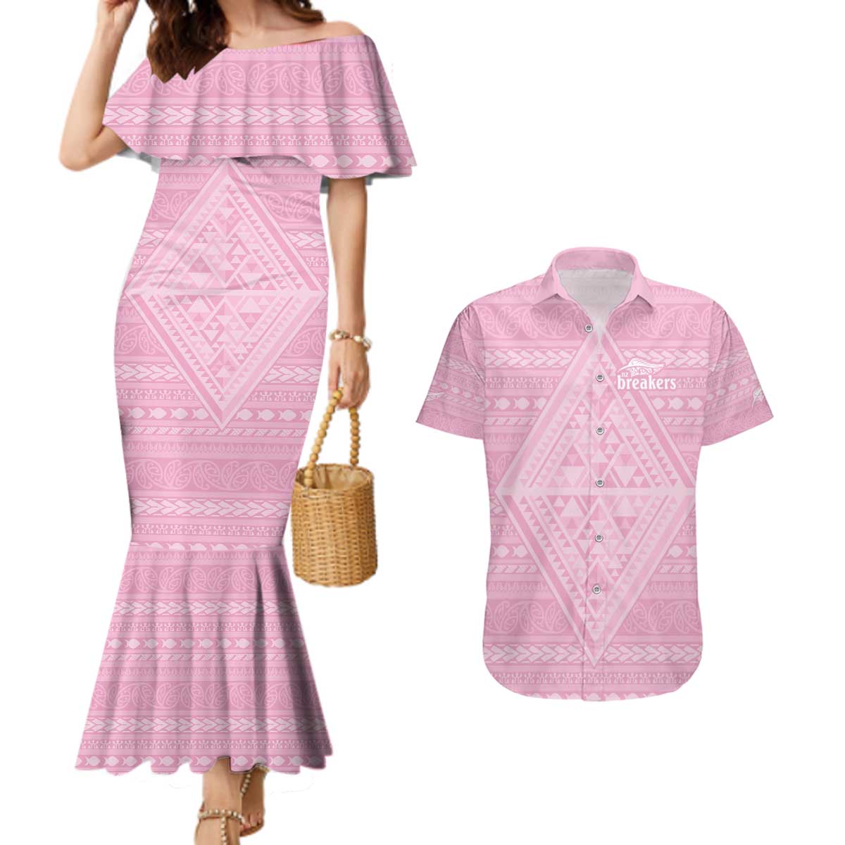 Custom New Zealand Basketball Indigenous Couples Matching Mermaid Dress and Hawaiian Shirt LT9 Pink - Polynesian Pride