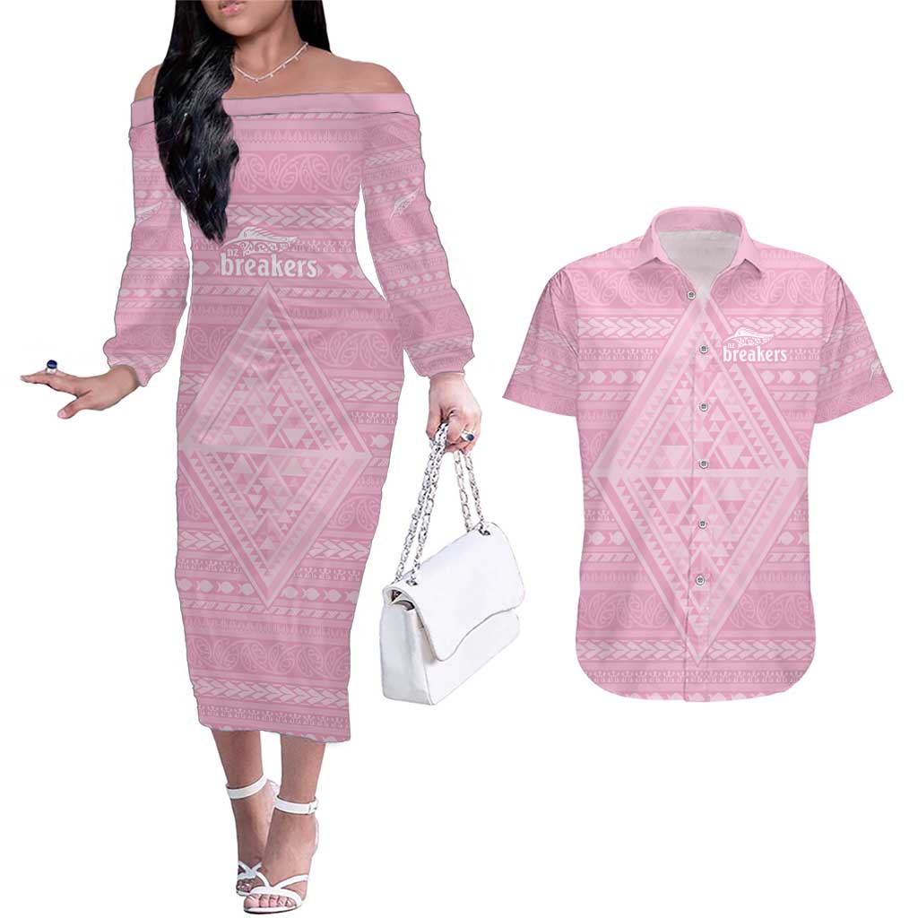 Custom New Zealand Basketball Indigenous Couples Matching Off The Shoulder Long Sleeve Dress and Hawaiian Shirt LT9 Pink - Polynesian Pride