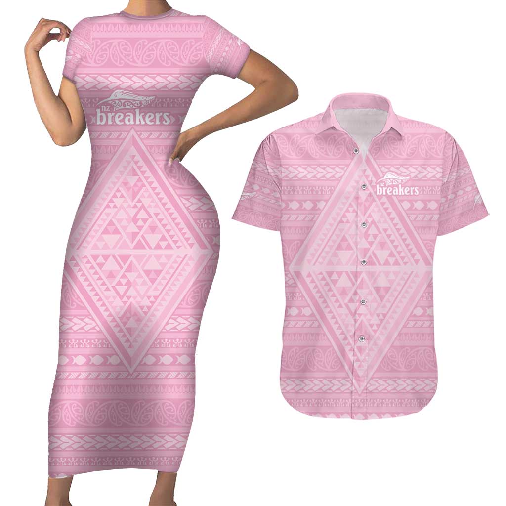 Custom New Zealand Basketball Indigenous Couples Matching Short Sleeve Bodycon Dress and Hawaiian Shirt LT9 Pink - Polynesian Pride