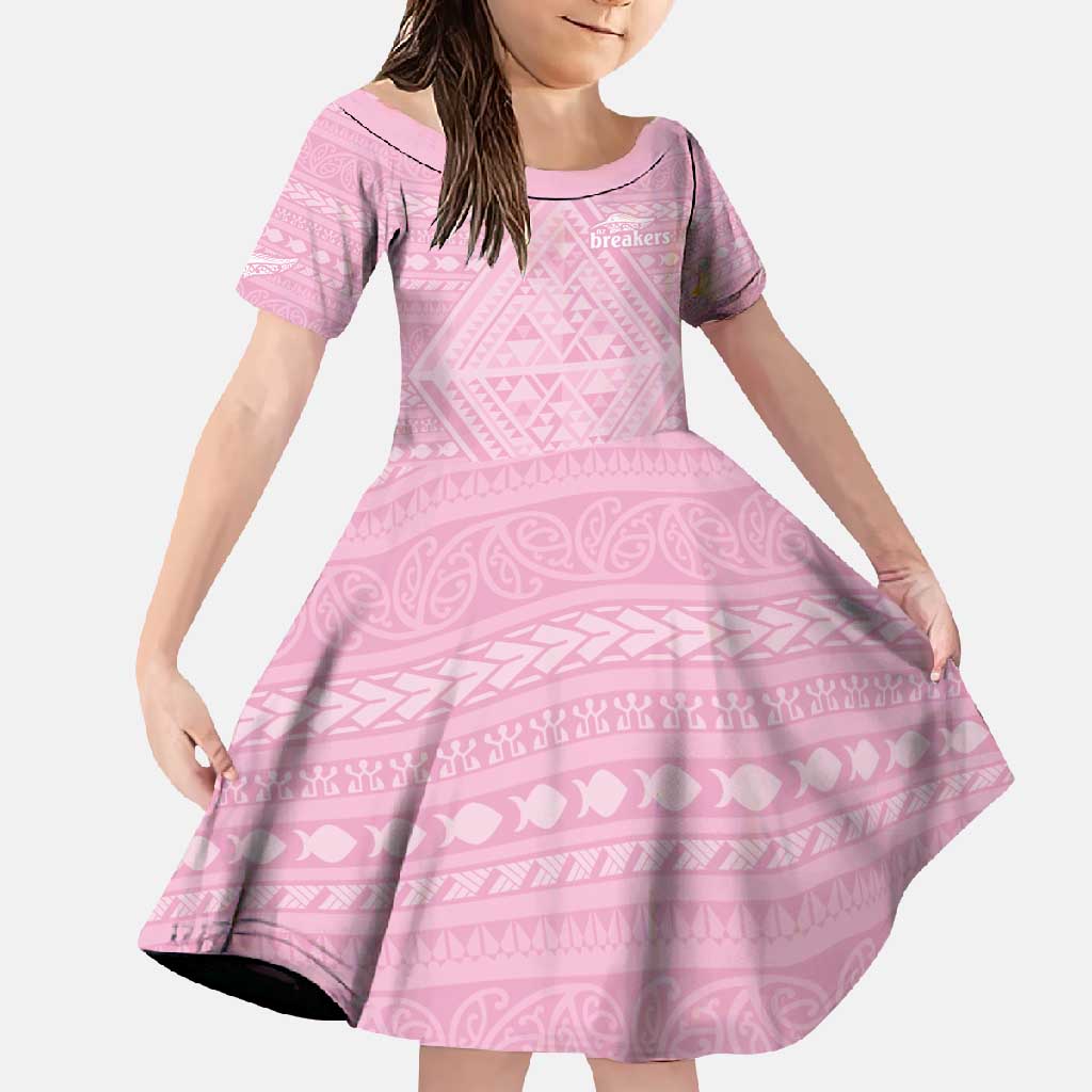 Custom New Zealand Basketball Indigenous Family Matching Off Shoulder Maxi Dress and Hawaiian Shirt LT9 Daughter's Dress Pink - Polynesian Pride