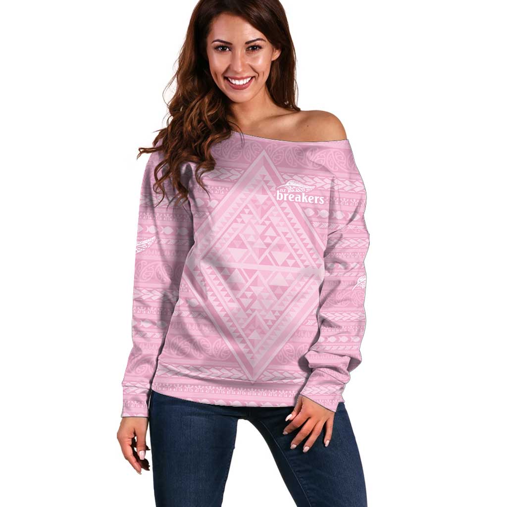 Custom New Zealand Basketball Indigenous Off Shoulder Sweater LT9 Women Pink - Polynesian Pride
