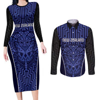 Custom Basketball New Zealand Couples Matching Long Sleeve Bodycon Dress and Long Sleeve Button Shirt Blue Maori Ta Moko Indigenous LT9 Blue - Polynesian Pride