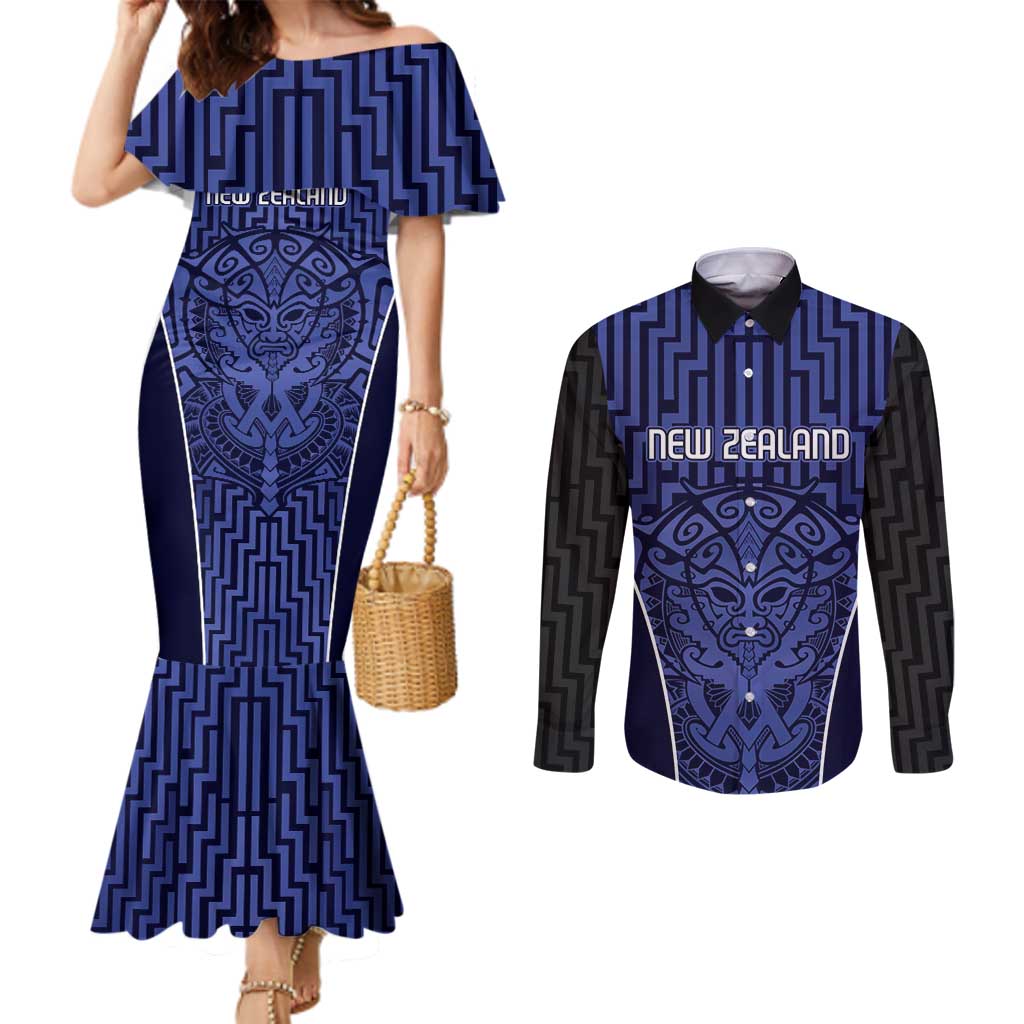 Custom Basketball New Zealand Couples Matching Mermaid Dress and Long Sleeve Button Shirt Blue Maori Ta Moko Indigenous - Polynesian Pride