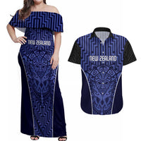 Custom Basketball New Zealand Couples Matching Off Shoulder Maxi Dress and Hawaiian Shirt Blue Maori Ta Moko Indigenous LT9 Blue - Polynesian Pride