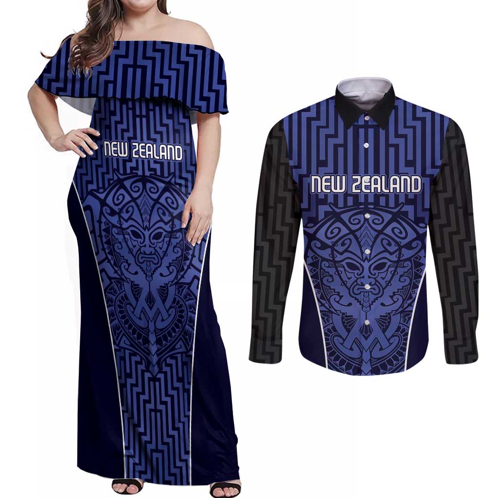 Custom Basketball New Zealand Couples Matching Off Shoulder Maxi Dress and Long Sleeve Button Shirt Blue Maori Ta Moko Indigenous LT9 Blue - Polynesian Pride