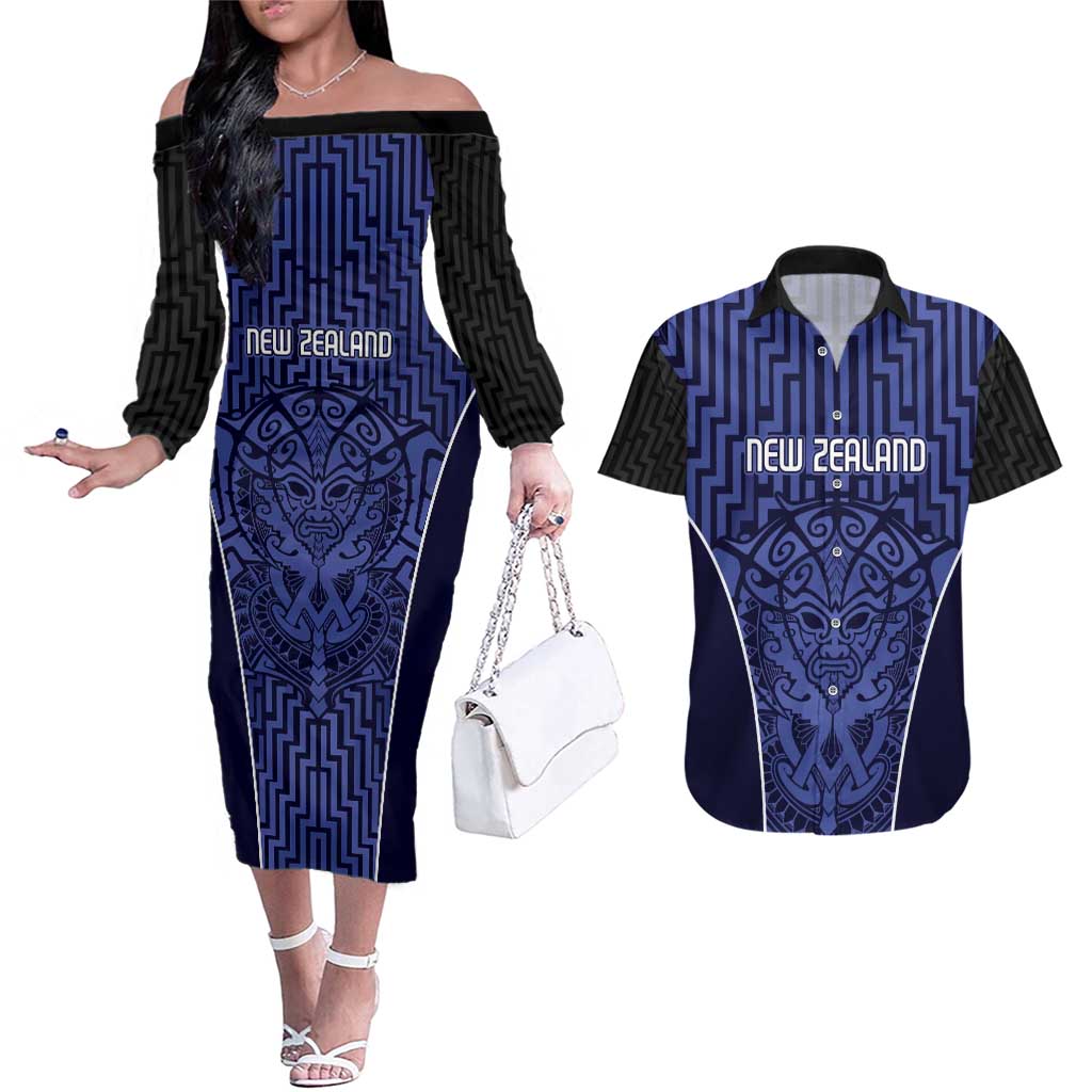 Custom Basketball New Zealand Couples Matching Off The Shoulder Long Sleeve Dress and Hawaiian Shirt Blue Maori Ta Moko Indigenous - Polynesian Pride