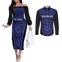 Custom Basketball New Zealand Couples Matching Off The Shoulder Long Sleeve Dress and Long Sleeve Button Shirt Blue Maori Ta Moko Indigenous LT9 Blue - Polynesian Pride
