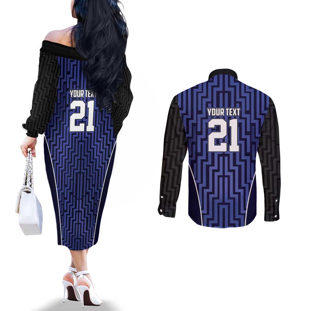 Custom Basketball New Zealand Couples Matching Off The Shoulder Long Sleeve Dress and Long Sleeve Button Shirt Blue Maori Ta Moko Indigenous LT9 - Polynesian Pride