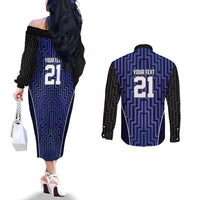 Custom Basketball New Zealand Couples Matching Off The Shoulder Long Sleeve Dress and Long Sleeve Button Shirt Blue Maori Ta Moko Indigenous LT9 - Polynesian Pride