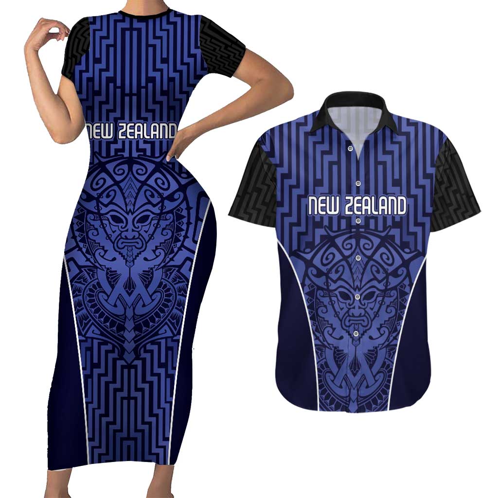 Custom Basketball New Zealand Couples Matching Short Sleeve Bodycon Dress and Hawaiian Shirt Blue Maori Ta Moko Indigenous LT9 Blue - Polynesian Pride