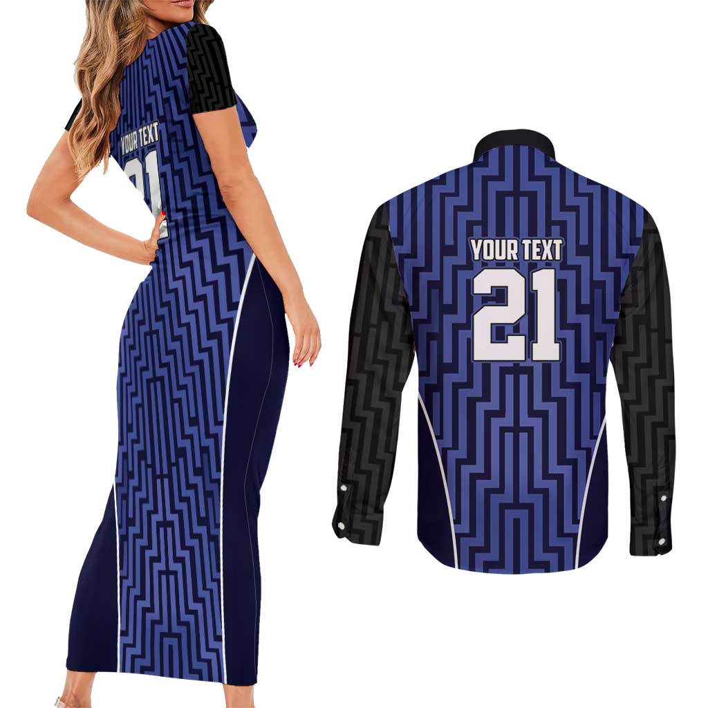 Custom Basketball New Zealand Couples Matching Short Sleeve Bodycon Dress and Long Sleeve Button Shirt Blue Maori Ta Moko Indigenous LT9 - Polynesian Pride