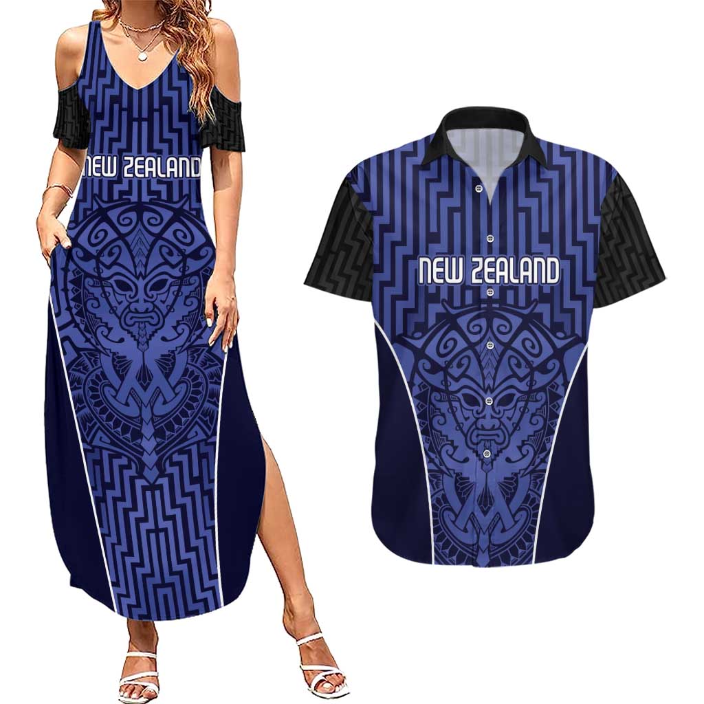 Custom Basketball New Zealand Couples Matching Summer Maxi Dress and Hawaiian Shirt Blue Maori Ta Moko Indigenous LT9 Blue - Polynesian Pride