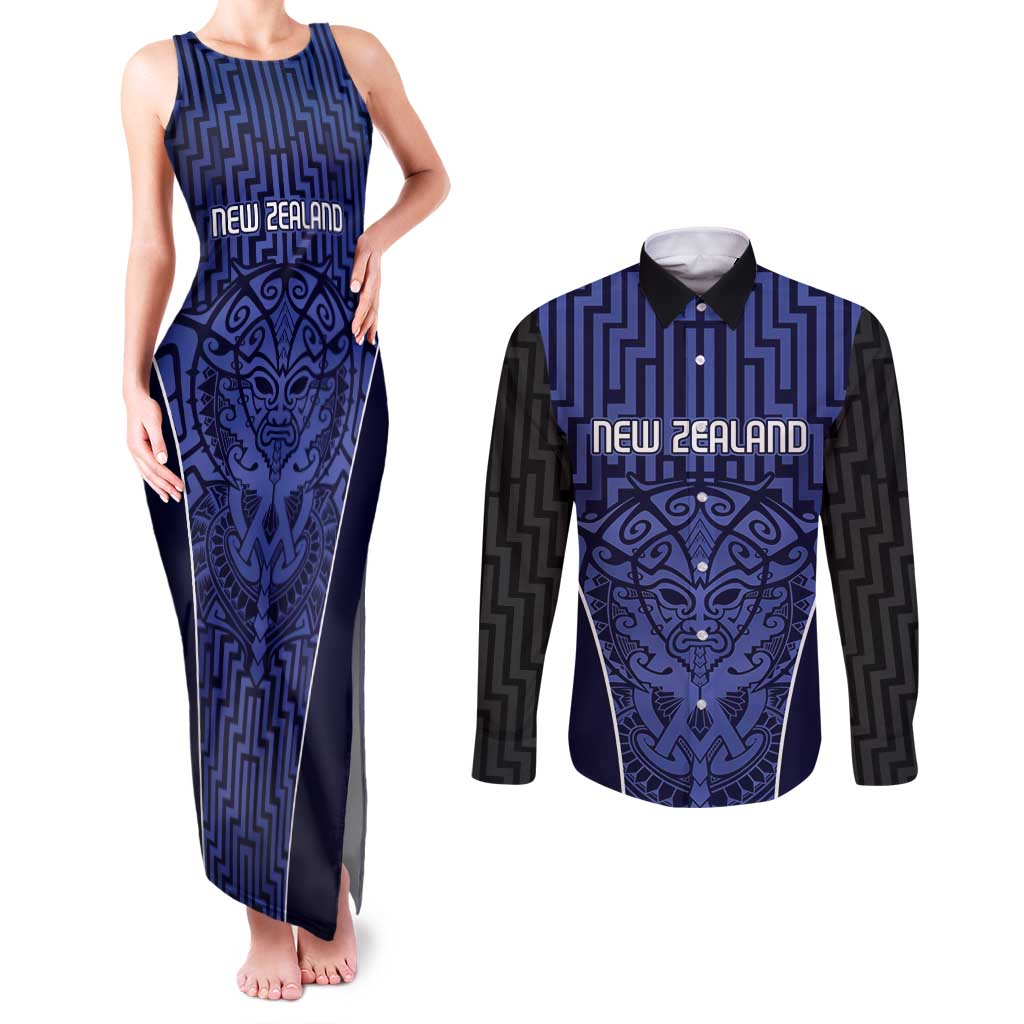 Custom Basketball New Zealand Couples Matching Tank Maxi Dress and Long Sleeve Button Shirt Blue Maori Ta Moko Indigenous - Polynesian Pride