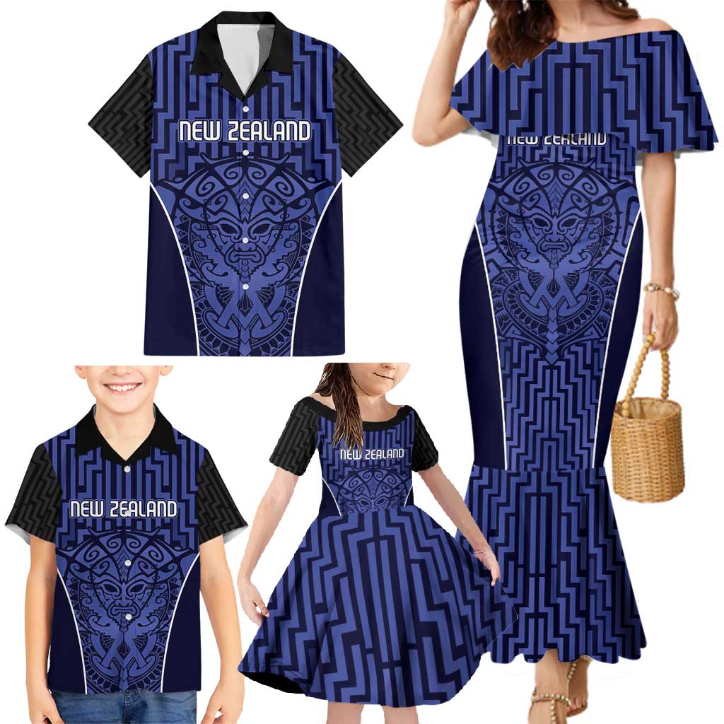 Custom Basketball New Zealand Family Matching Mermaid Dress and Hawaiian Shirt Blue Maori Ta Moko Indigenous LT9 - Polynesian Pride