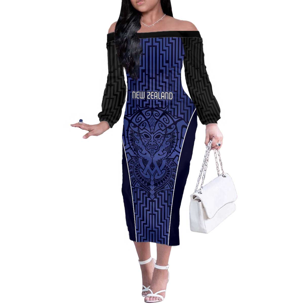 Custom Basketball New Zealand Family Matching Off The Shoulder Long Sleeve Dress and Hawaiian Shirt Blue Maori Ta Moko Indigenous LT9 Mom's Dress Blue - Polynesian Pride