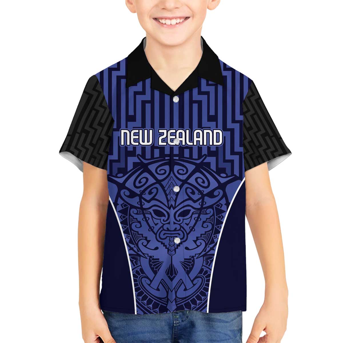 Custom Basketball New Zealand Family Matching Off The Shoulder Long Sleeve Dress and Hawaiian Shirt Blue Maori Ta Moko Indigenous LT9 Son's Shirt Blue - Polynesian Pride