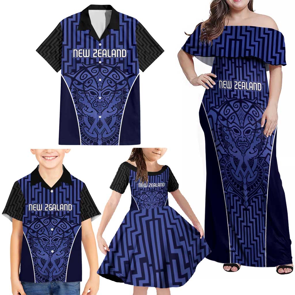 Custom Basketball New Zealand Family Matching Off Shoulder Maxi Dress and Hawaiian Shirt Blue Maori Ta Moko Indigenous LT9 - Polynesian Pride