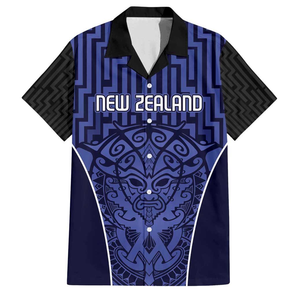 Custom Basketball New Zealand Family Matching Off Shoulder Maxi Dress and Hawaiian Shirt Blue Maori Ta Moko Indigenous LT9 Dad's Shirt - Short Sleeve Blue - Polynesian Pride