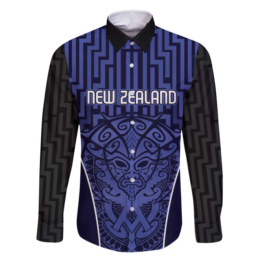 Custom Basketball New Zealand Family Matching Off Shoulder Maxi Dress and Hawaiian Shirt Blue Maori Ta Moko Indigenous LT9 Dad's Shirt - Long Sleeve Blue - Polynesian Pride