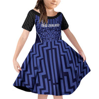 Custom Basketball New Zealand Family Matching Off Shoulder Short Dress and Hawaiian Shirt Blue Maori Ta Moko Indigenous LT9 Daughter's Dress Blue - Polynesian Pride