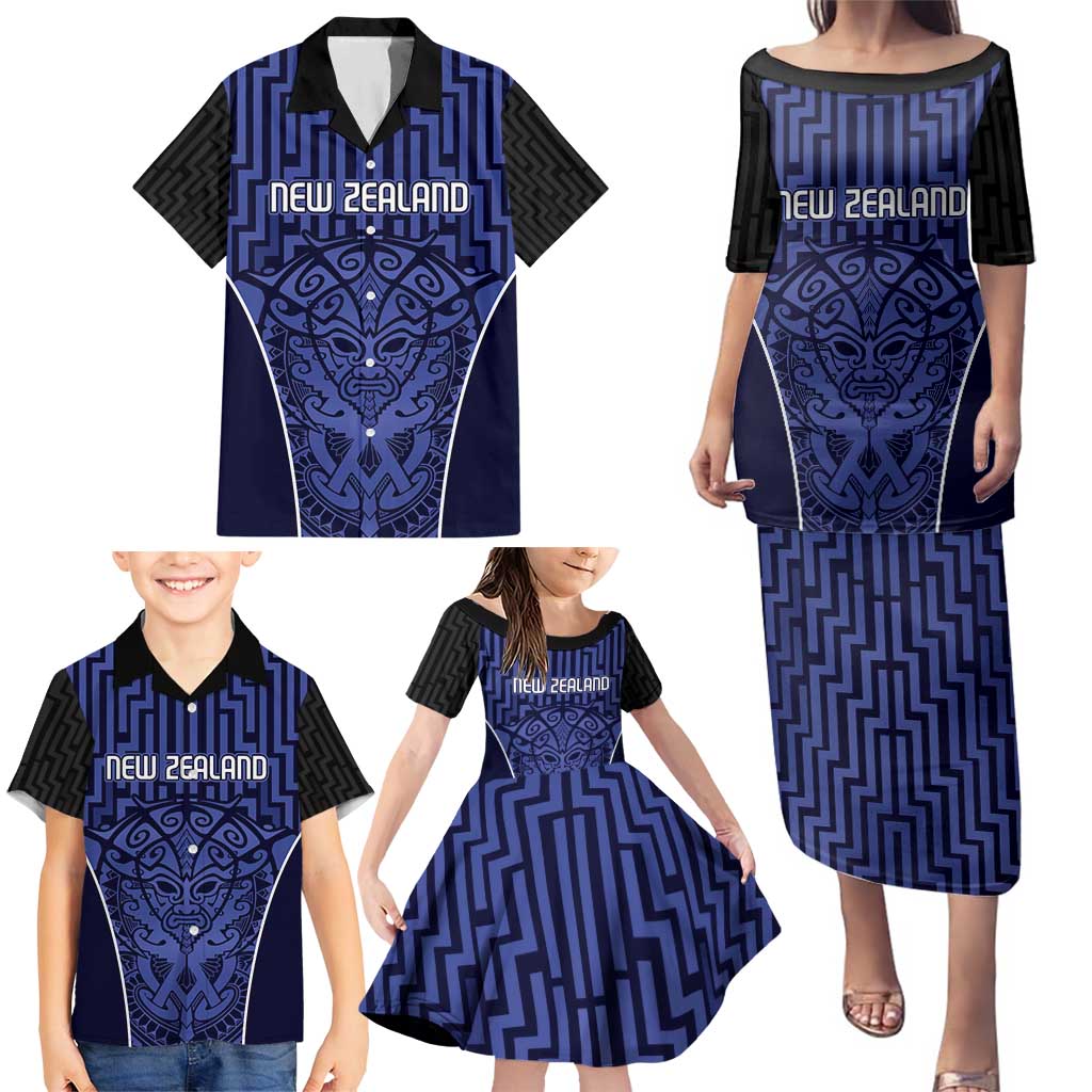 Custom Basketball New Zealand Family Matching Puletasi and Hawaiian Shirt Blue Maori Ta Moko Indigenous - Polynesian Pride