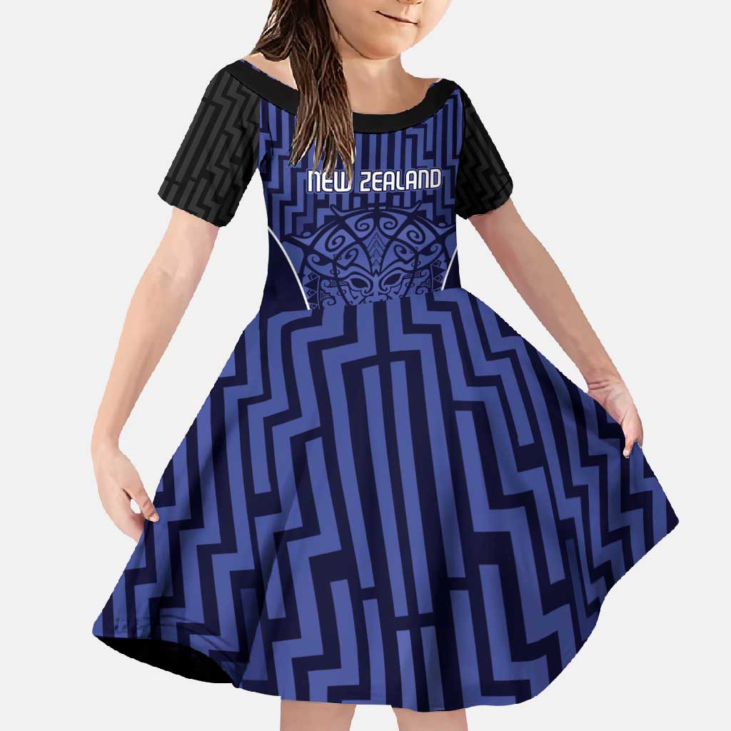 Custom Basketball New Zealand Family Matching Short Sleeve Bodycon Dress and Hawaiian Shirt Blue Maori Ta Moko Indigenous LT9 Daughter's Dress Blue - Polynesian Pride