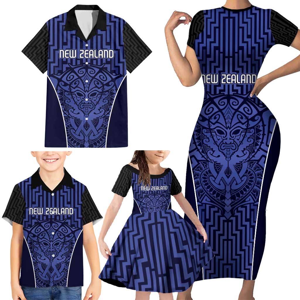 Custom Basketball New Zealand Family Matching Short Sleeve Bodycon Dress and Hawaiian Shirt Blue Maori Ta Moko Indigenous LT9 - Polynesian Pride