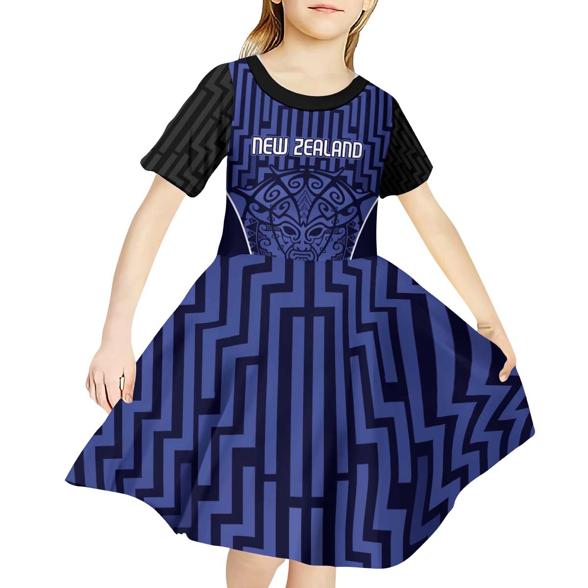 Custom Basketball New Zealand Kid Short Sleeve Dress Blue Maori Ta Moko Indigenous - Polynesian Pride
