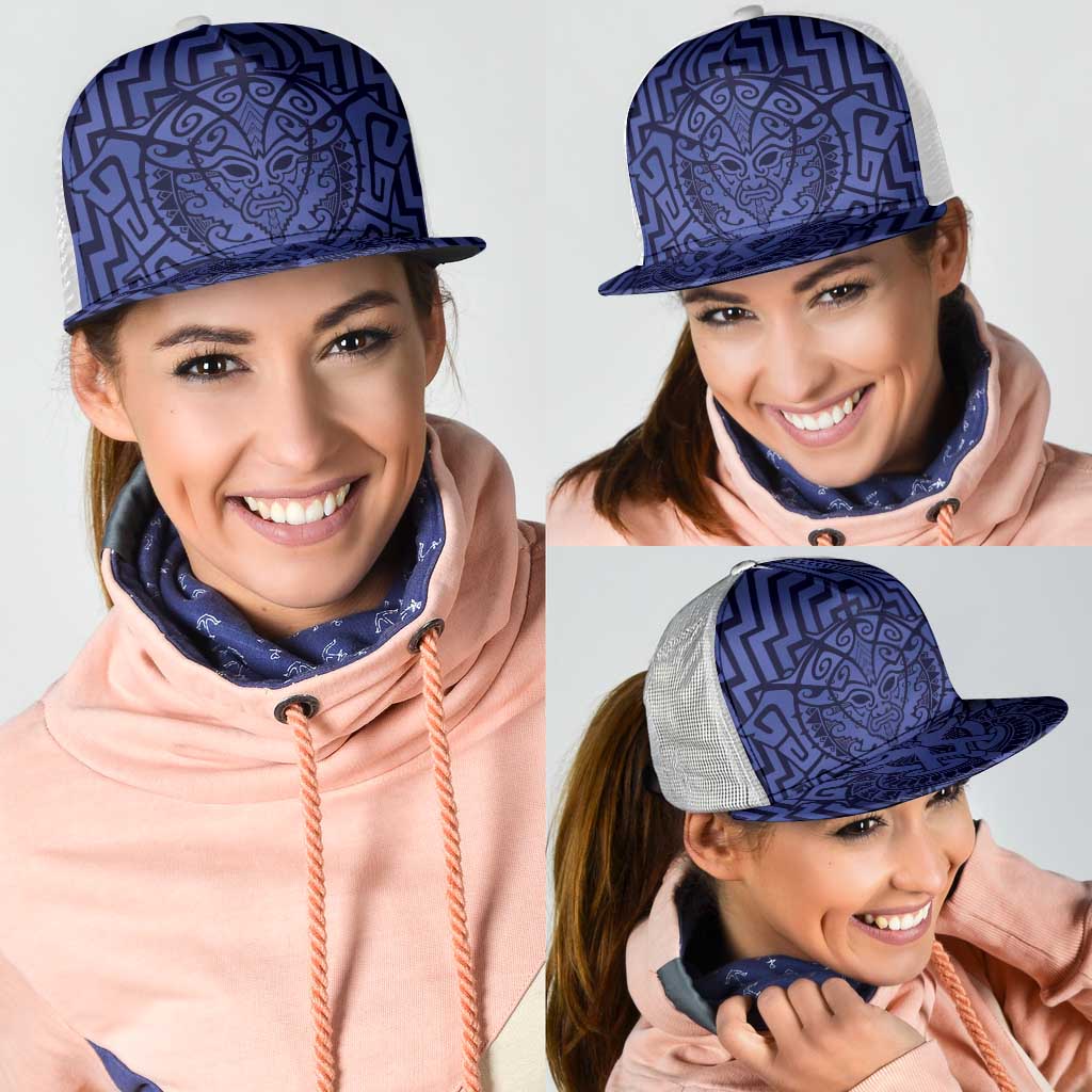 Basketball New Zealand Mesh Trucker Cap Blue Maori Ta Moko Indigenous - Polynesian Pride