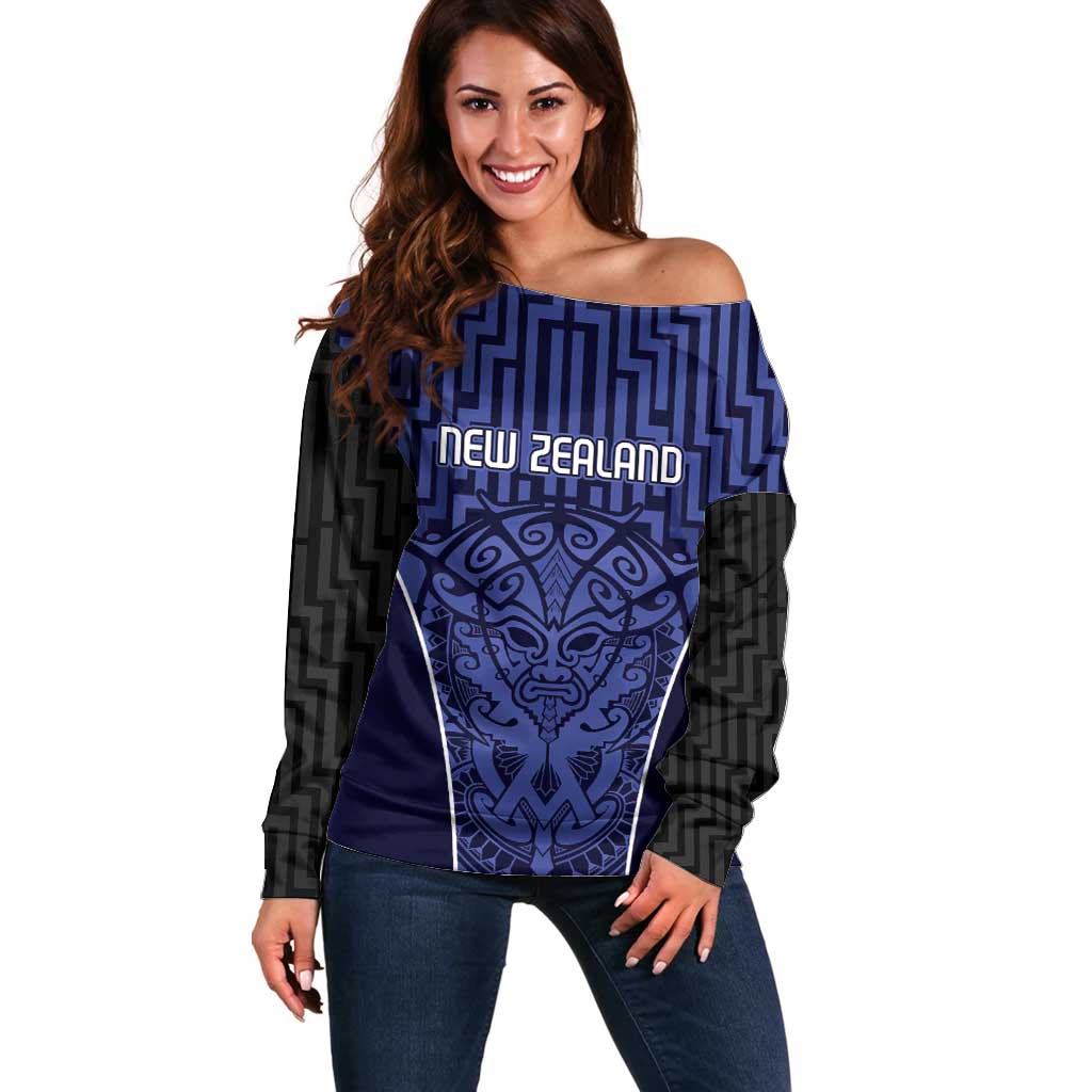 Custom Basketball New Zealand Off Shoulder Sweater Blue Maori Ta Moko Indigenous - Polynesian Pride