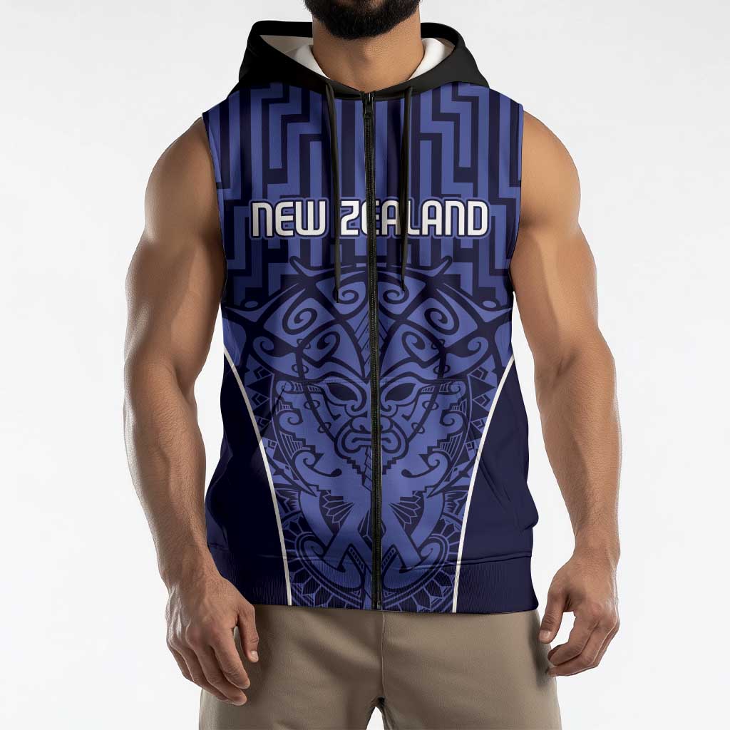 Custom Basketball New Zealand Sleeveless Zip Hoodie Blue Maori Ta Moko Indigenous - Polynesian Pride