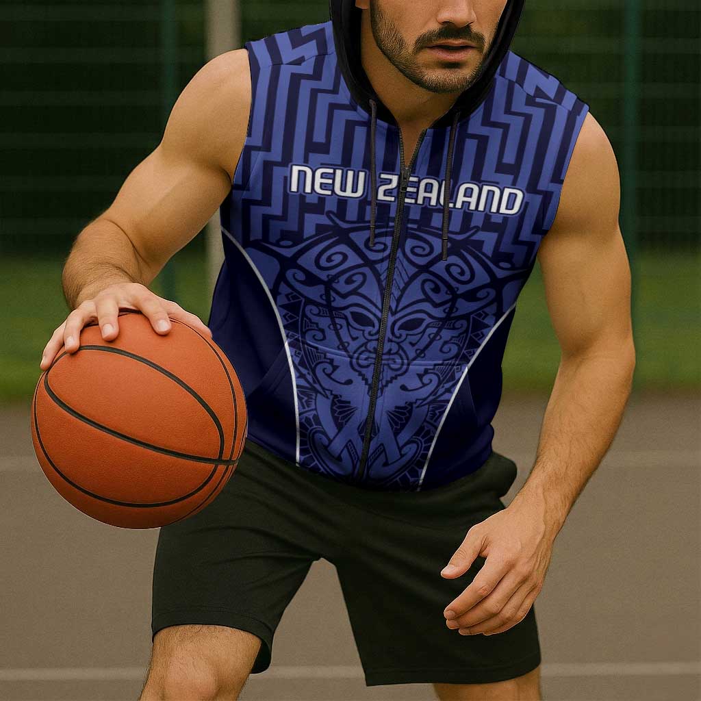 Custom Basketball New Zealand Sleeveless Zip Hoodie Blue Maori Ta Moko Indigenous - Polynesian Pride