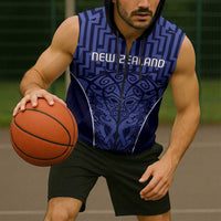 Custom Basketball New Zealand Sleeveless Zip Hoodie Blue Maori Ta Moko Indigenous - Polynesian Pride