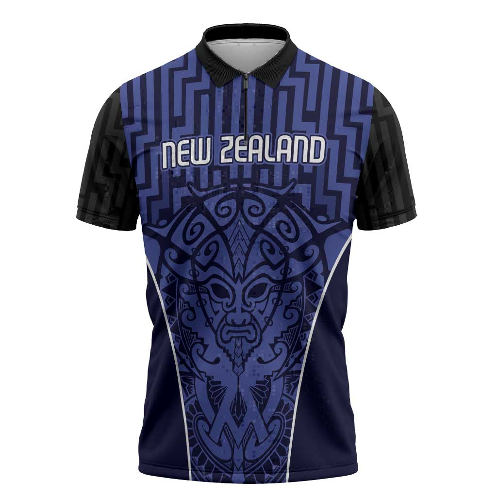 Custom Basketball New Zealand Zipper Polo Shirt Blue Maori Ta Moko Indigenous - Polynesian Pride