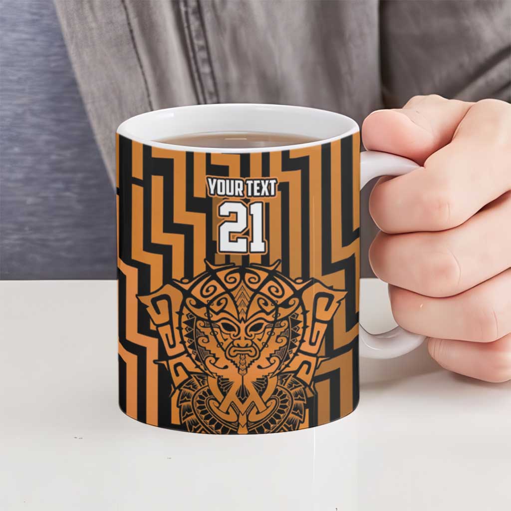 Custom Basketball New Zealand Ceramic Mug Gold Maori Ta Moko Indigenous - Polynesian Pride