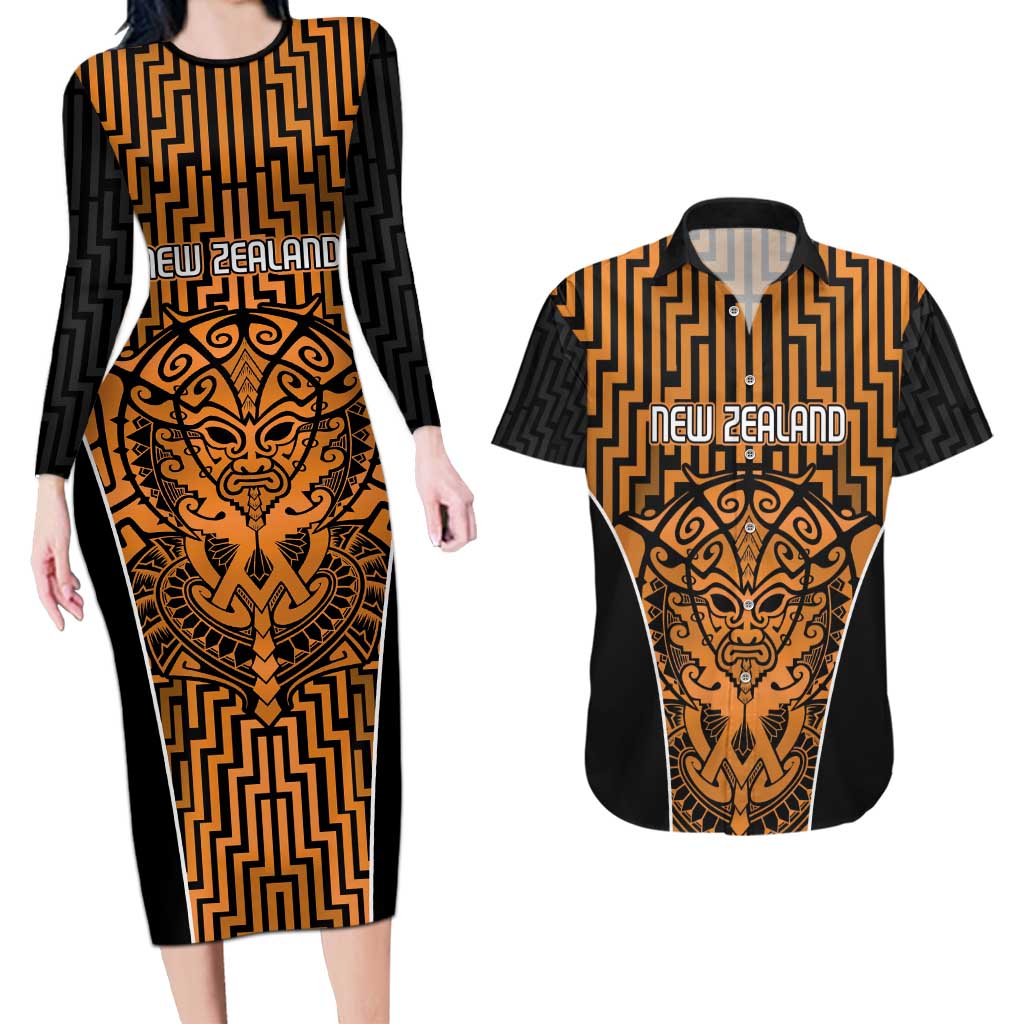 Custom Basketball New Zealand Couples Matching Long Sleeve Bodycon Dress and Hawaiian Shirt Gold Maori Ta Moko Indigenous LT9 Gold - Polynesian Pride