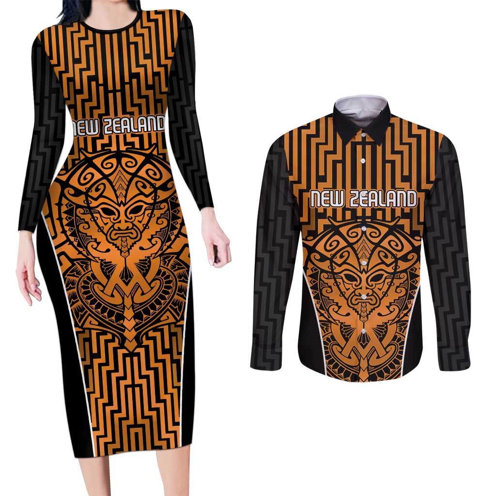 Custom Basketball New Zealand Couples Matching Long Sleeve Bodycon Dress and Long Sleeve Button Shirt Gold Maori Ta Moko Indigenous - Polynesian Pride