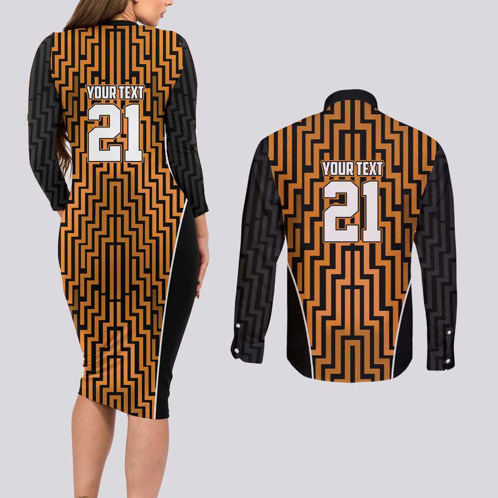 Custom Basketball New Zealand Couples Matching Long Sleeve Bodycon Dress and Long Sleeve Button Shirt Gold Maori Ta Moko Indigenous LT9 - Polynesian Pride