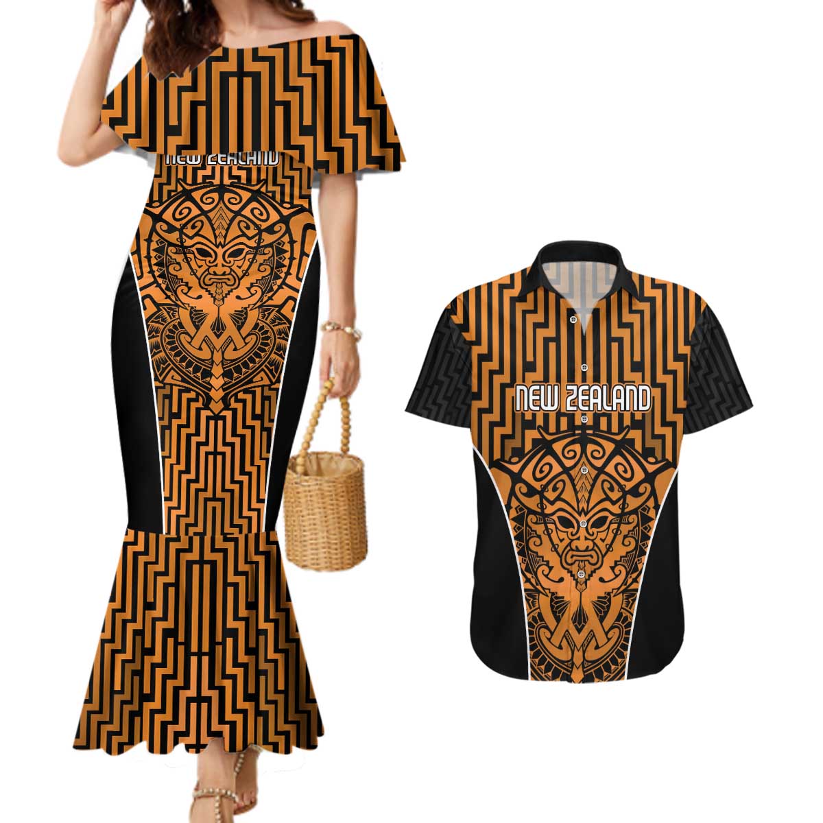 Custom Basketball New Zealand Couples Matching Mermaid Dress and Hawaiian Shirt Gold Maori Ta Moko Indigenous - Polynesian Pride