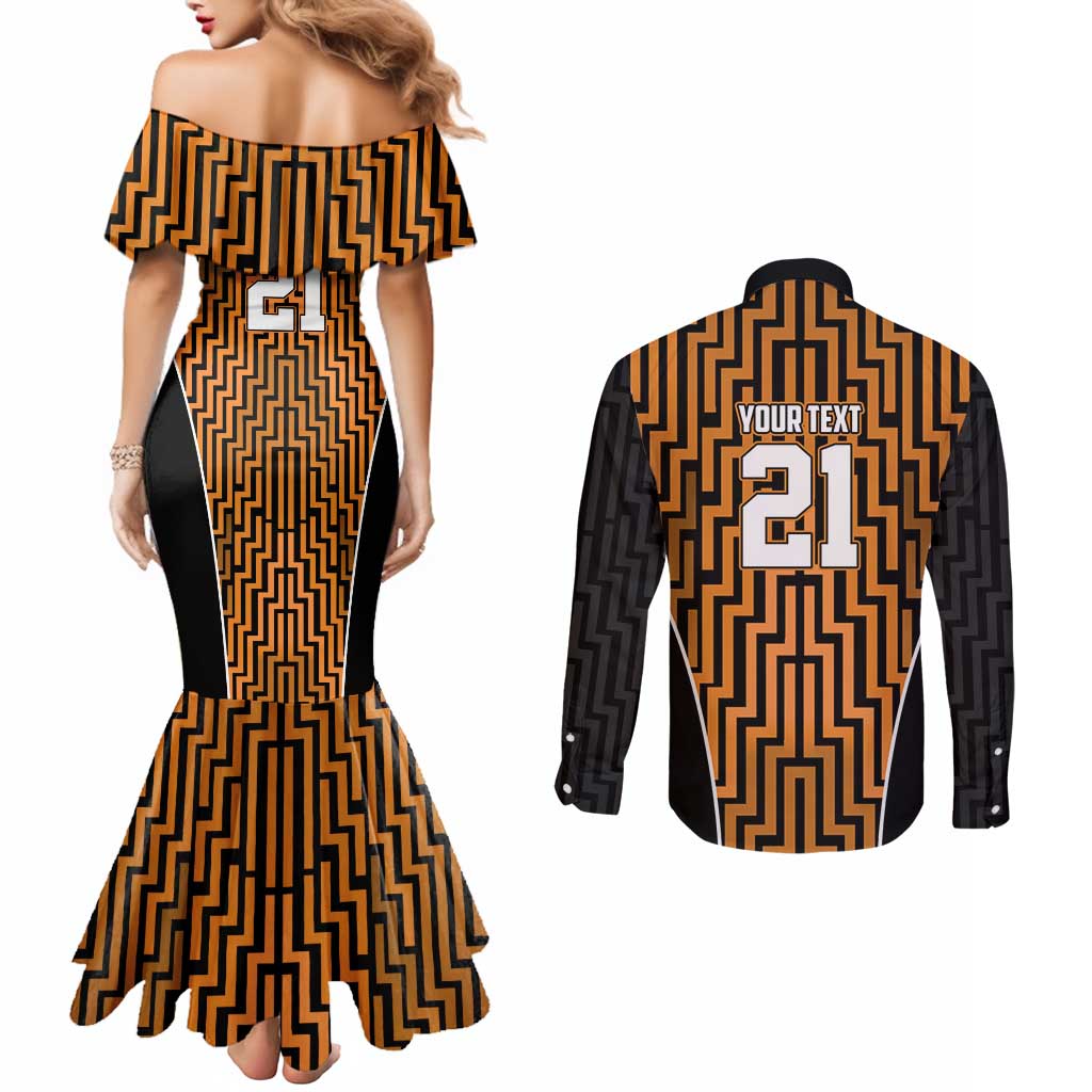 Custom Basketball New Zealand Couples Matching Mermaid Dress and Long Sleeve Button Shirt Gold Maori Ta Moko Indigenous LT9 - Polynesian Pride