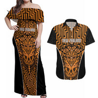 Custom Basketball New Zealand Couples Matching Off Shoulder Maxi Dress and Hawaiian Shirt Gold Maori Ta Moko Indigenous LT9 Gold - Polynesian Pride